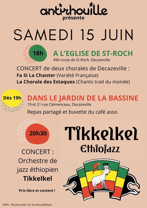 Programme du samedi 15 juin. 18h30 concert de chorales, 19h repas partagé, 20h30, concert de Tikelkel